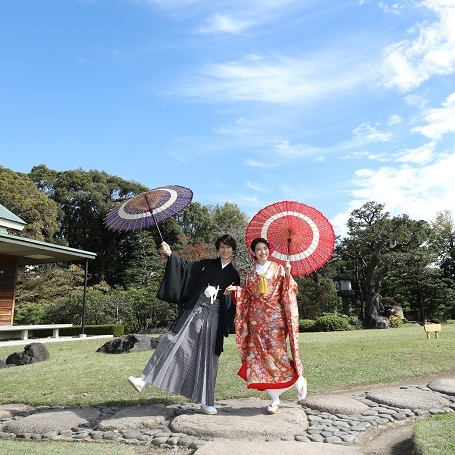 清澄庭園,前撮り,フォトウェディング,ロケーションフォト,和装,色打掛,紋付