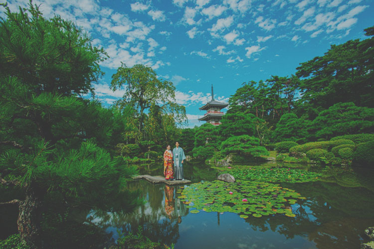 日本庭園,前撮り,和装,フォトウェディング,色打掛,紋付袴