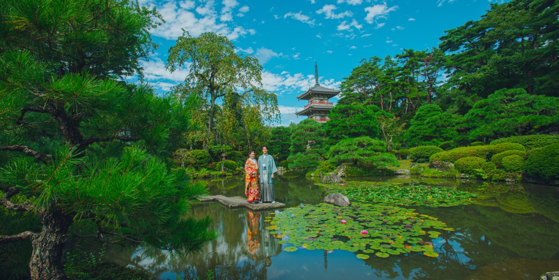 日本庭園,前撮り,和装,フォトウェディング,色打掛,紋付袴