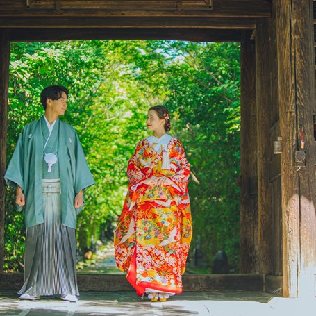 日本庭園,前撮り,和装,フォトウェディング,色打掛,紋付袴