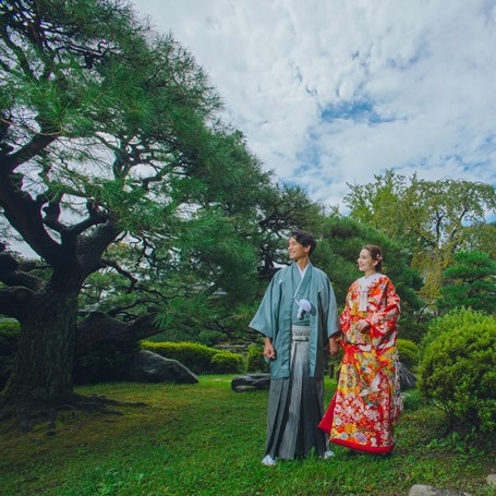 日本庭園,前撮り,和装,フォトウェディング,色打掛,紋付袴